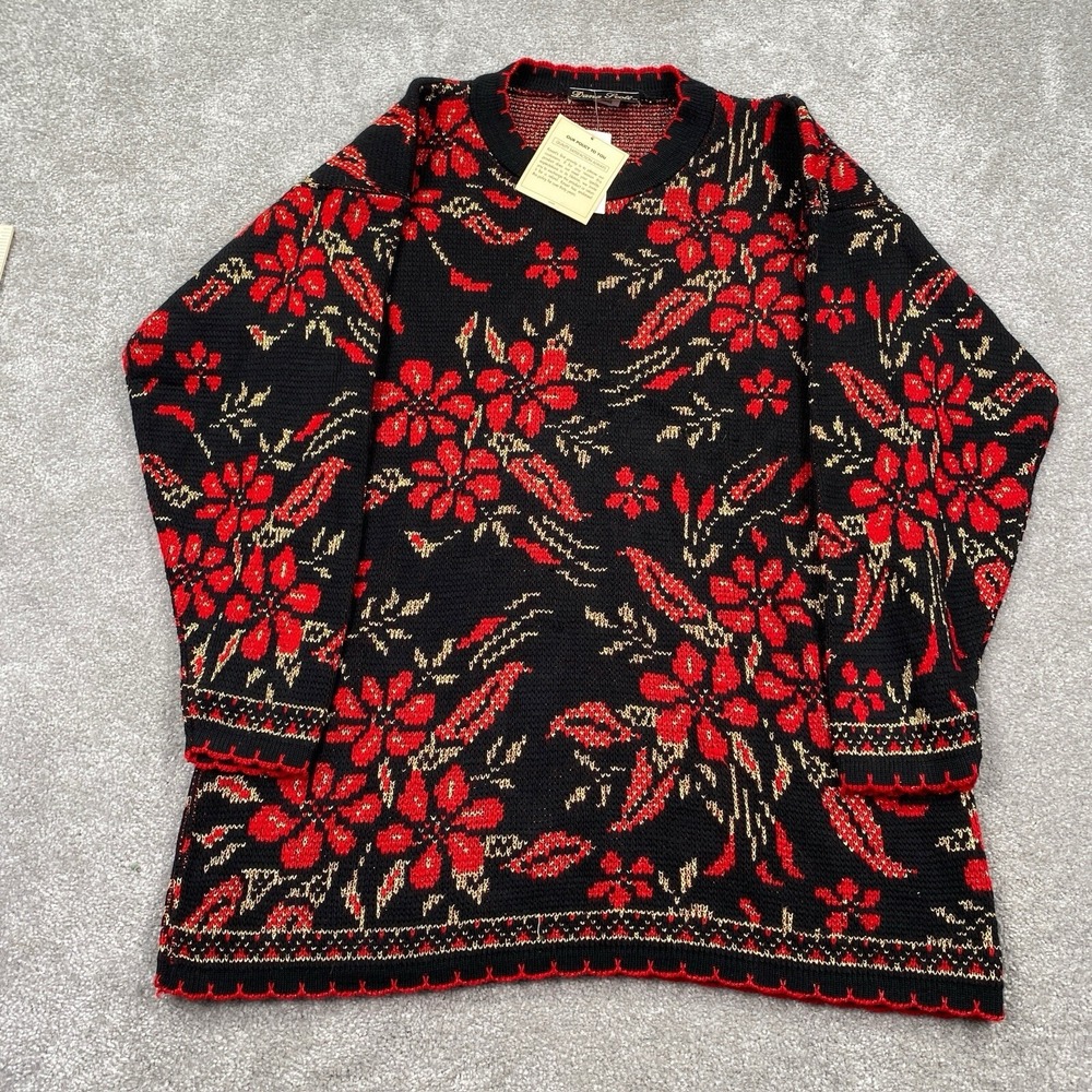 VTG Dana Scott Women's Floral Sweater Size Large Black Red USA Made Acrylic Knit